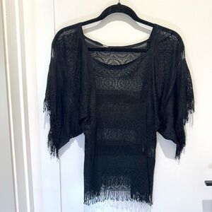 Vintage- Black Sheer Woven Top W/Fringe - Sz S - In Excellent Condition